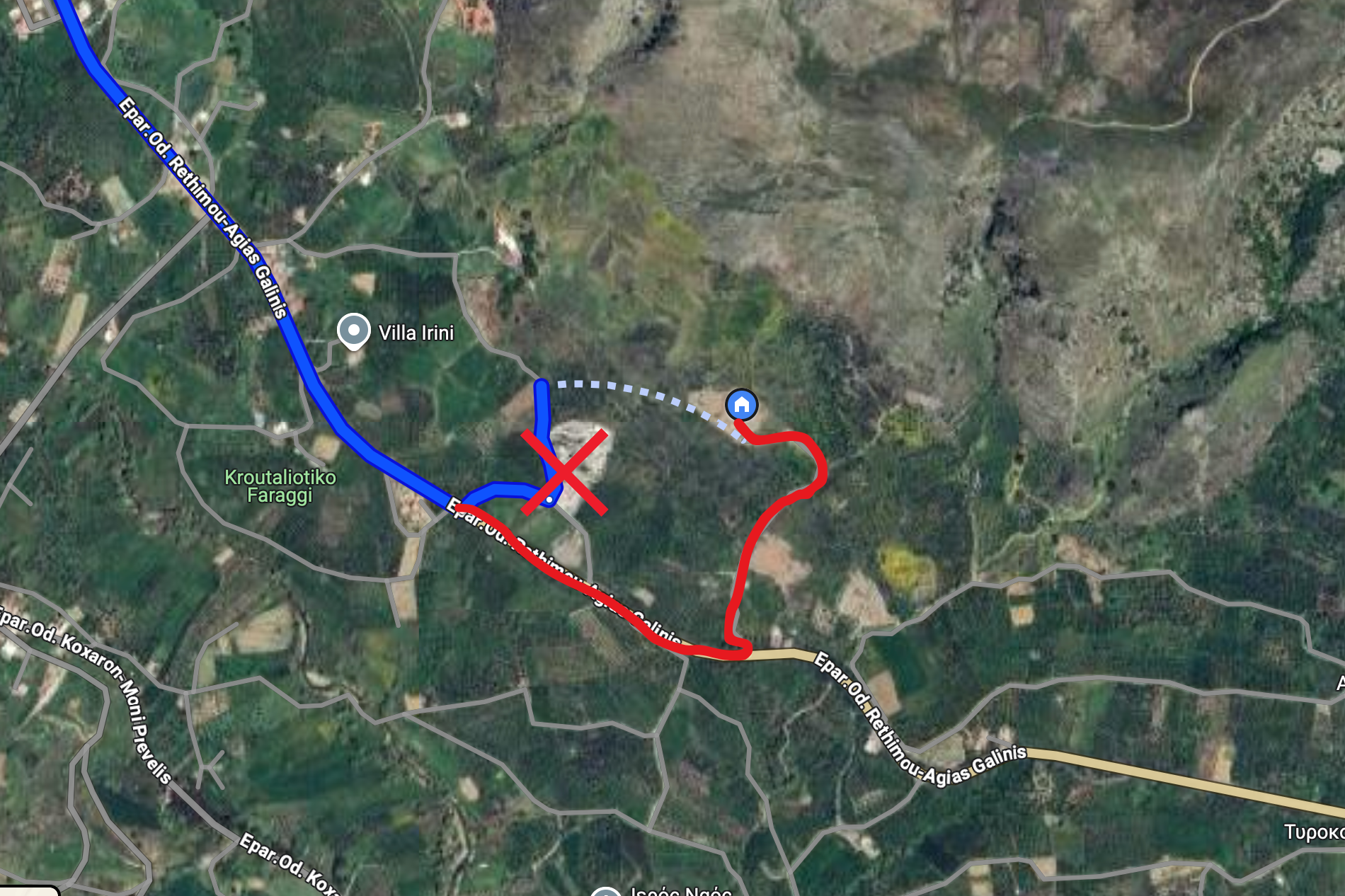 Google Maps incorrect final route marked with a red X and the correct access road marked in red
