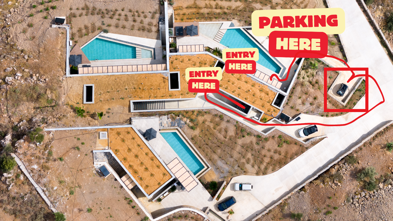 Aerial image showing the Villa One parking space, main entrance path and entry points